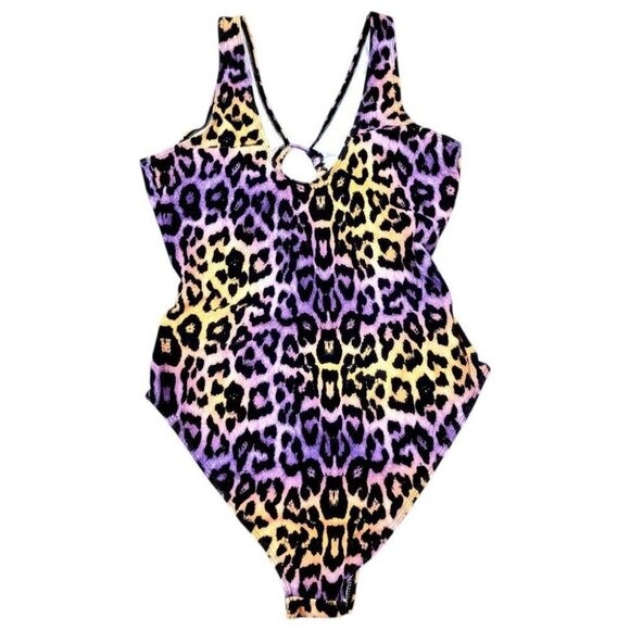 Womens Plus 2X Multi-Color Leopard Print One Piece High Waist Cut Out Swimsuit - Picture 5 of 9